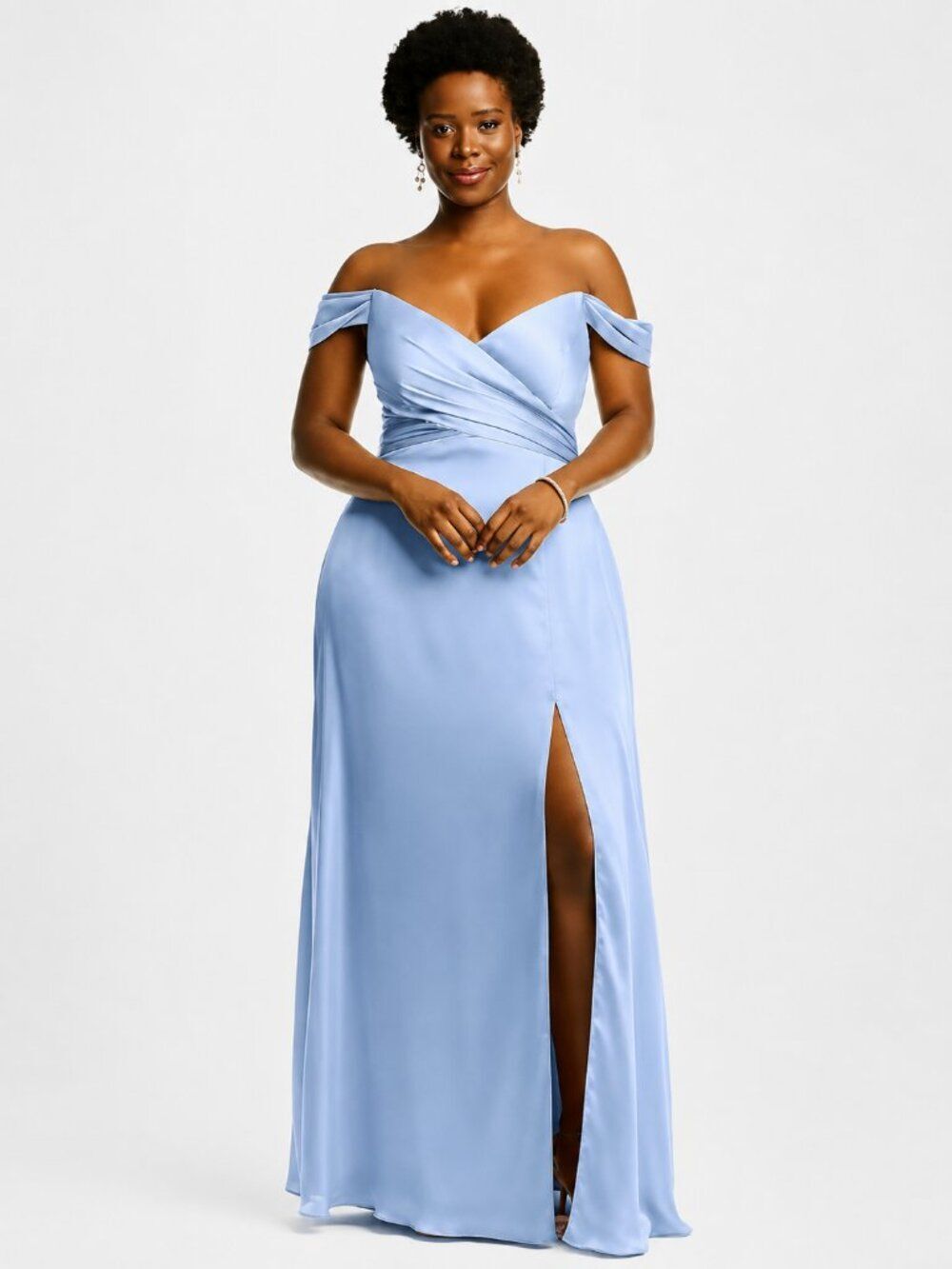 Dessy Sky Blue Satin Long Bridesmaid Formal Dress Off Shoulder Drape Sleeve Slit